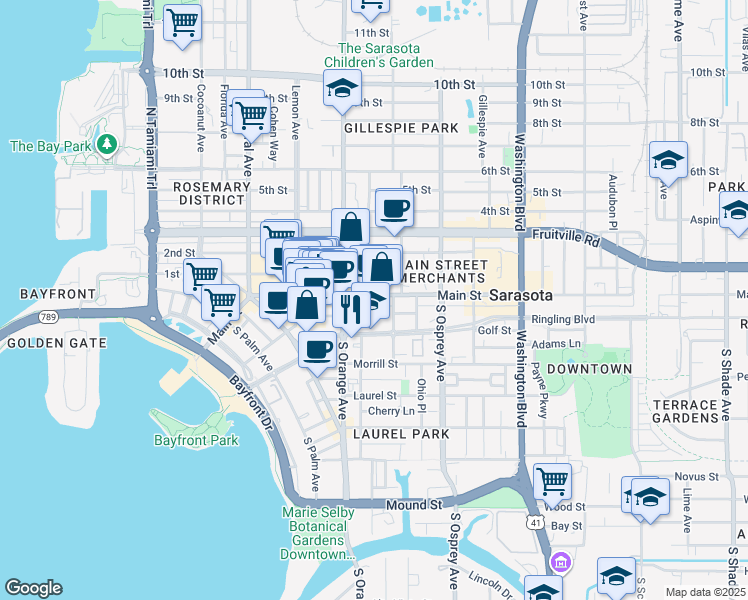 map of restaurants, bars, coffee shops, grocery stores, and more near 1638 Main Street in Sarasota