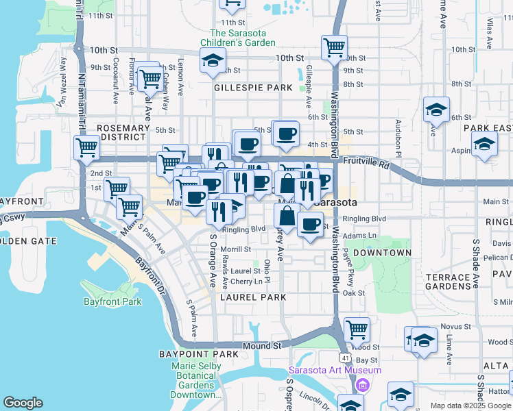 map of restaurants, bars, coffee shops, grocery stores, and more near 1718 Main Street in Sarasota