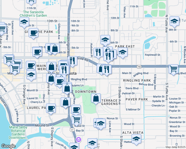 map of restaurants, bars, coffee shops, grocery stores, and more near 2170 Main Street in Sarasota