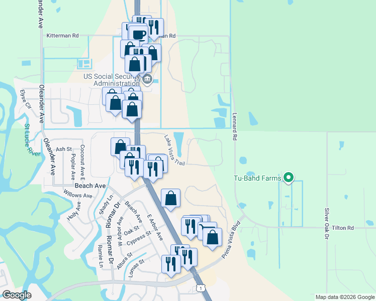 map of restaurants, bars, coffee shops, grocery stores, and more near 32 Lake Vista Trail in Port St. Lucie