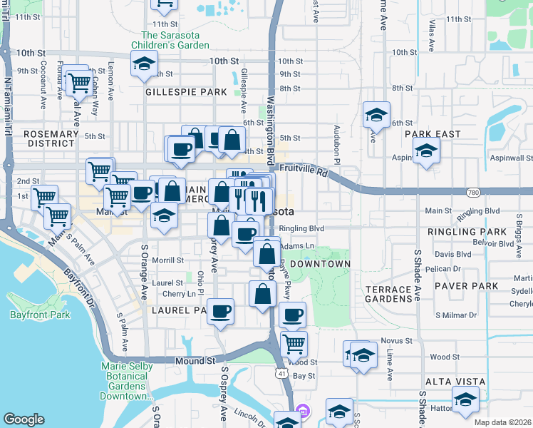 map of restaurants, bars, coffee shops, grocery stores, and more near in Sarasota