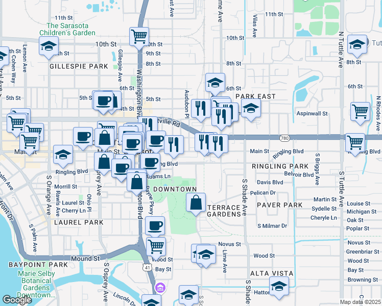 map of restaurants, bars, coffee shops, grocery stores, and more near 2170 Main Street in Sarasota