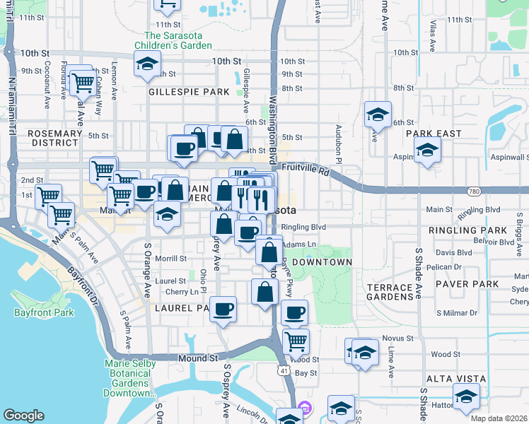 map of restaurants, bars, coffee shops, grocery stores, and more near 1970 Main Street in Sarasota