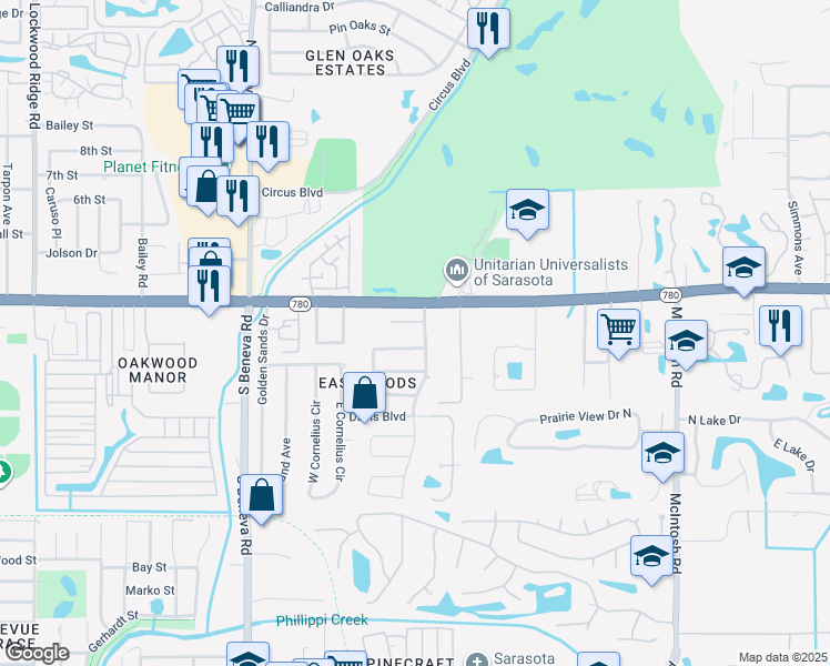 map of restaurants, bars, coffee shops, grocery stores, and more near 3877 Wolverine Street in Sarasota
