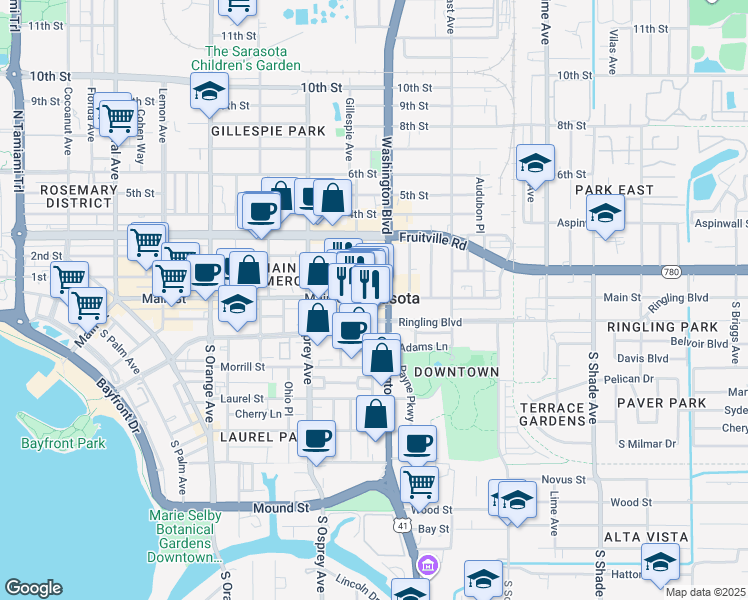 map of restaurants, bars, coffee shops, grocery stores, and more near in Sarasota
