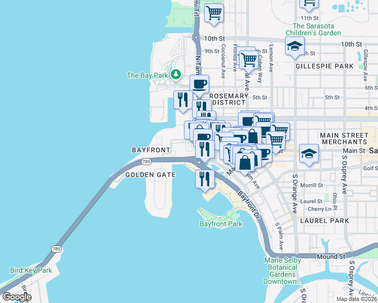 map of restaurants, bars, coffee shops, grocery stores, and more near 1 North Tamiami Trail in Sarasota