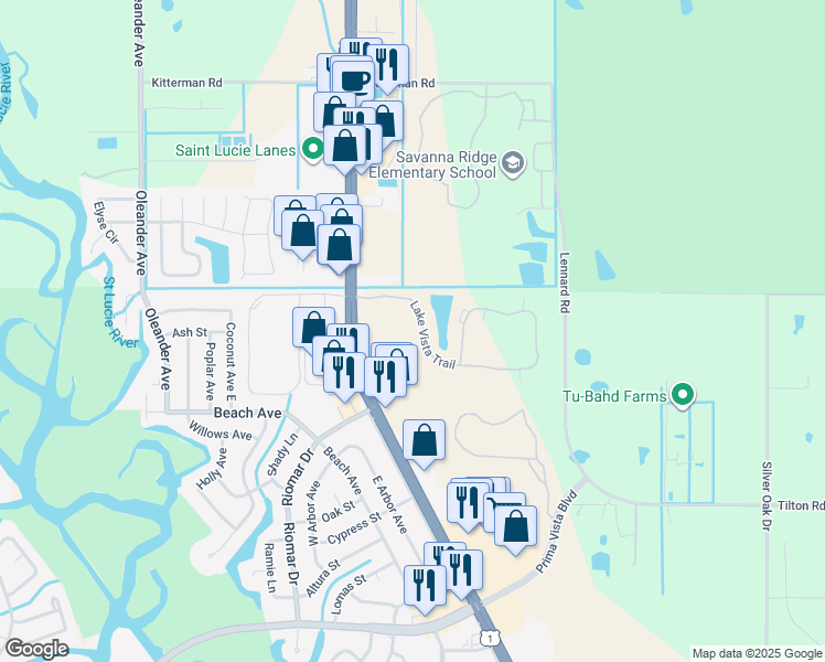map of restaurants, bars, coffee shops, grocery stores, and more near 1 Lake Vista Trail in Port St. Lucie