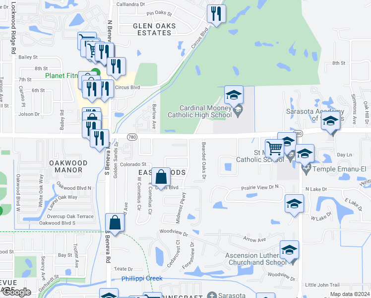 map of restaurants, bars, coffee shops, grocery stores, and more near 3890 Avesta Drive in Sarasota