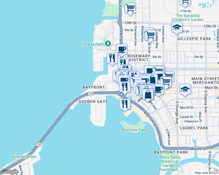 map of restaurants, bars, coffee shops, grocery stores, and more near 1111 North Gulfstream Avenue in Sarasota