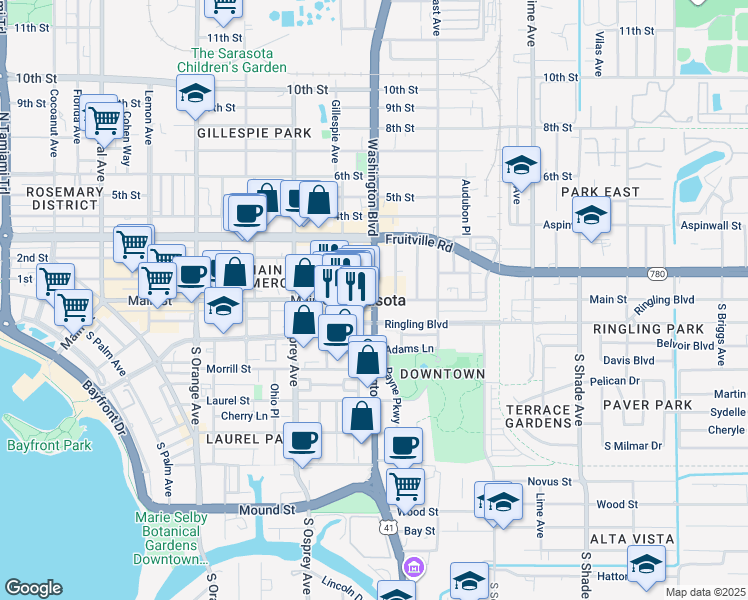 map of restaurants, bars, coffee shops, grocery stores, and more near 0 North Washington Boulevard in Sarasota