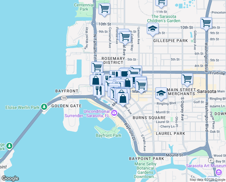 map of restaurants, bars, coffee shops, grocery stores, and more near 1258 North Palm Avenue in Sarasota