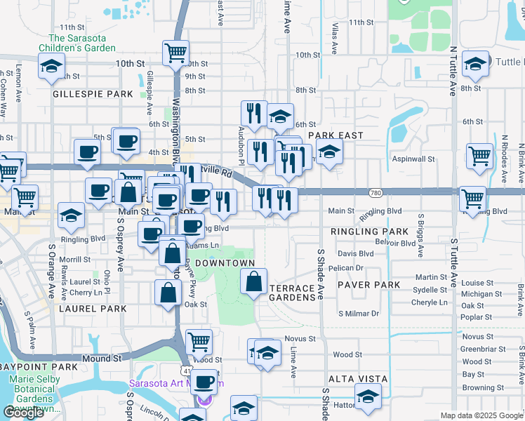 map of restaurants, bars, coffee shops, grocery stores, and more near 2243 Ringling Boulevard in Sarasota