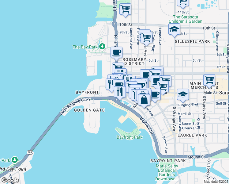 map of restaurants, bars, coffee shops, grocery stores, and more near 2 North Tamiami Trail in Sarasota
