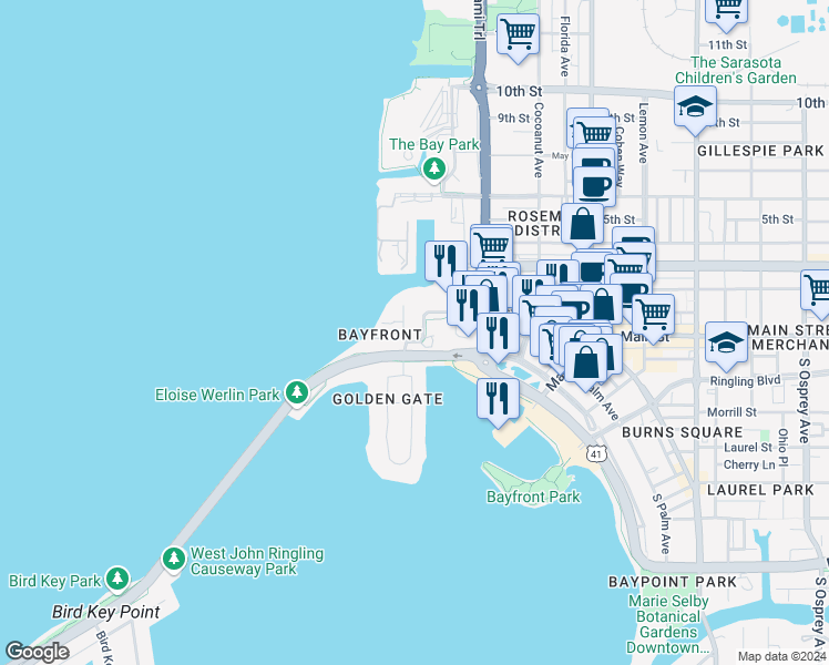 map of restaurants, bars, coffee shops, grocery stores, and more near 1111 Ritz Carlton Drive in Sarasota