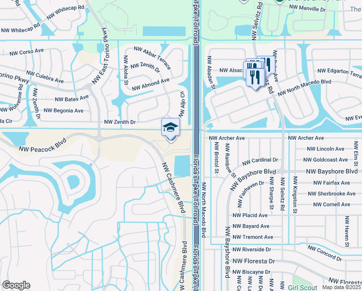 map of restaurants, bars, coffee shops, grocery stores, and more near 1050 Northwest Cashmere Boulevard in Port St. Lucie