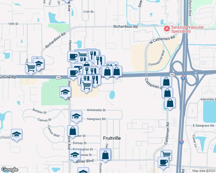 map of restaurants, bars, coffee shops, grocery stores, and more near 120 Paramount Drive in Sarasota
