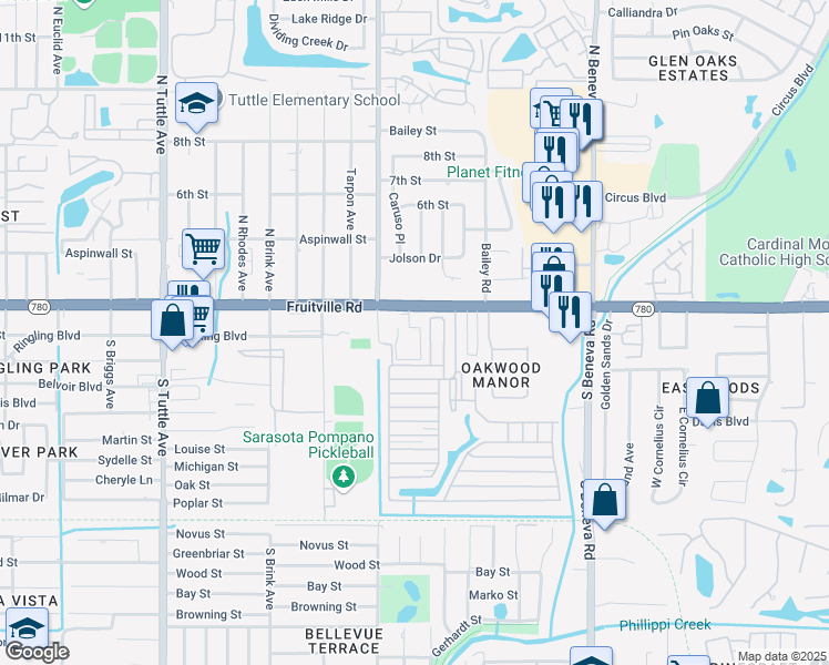 map of restaurants, bars, coffee shops, grocery stores, and more near 3232 Fruitville Road in Sarasota