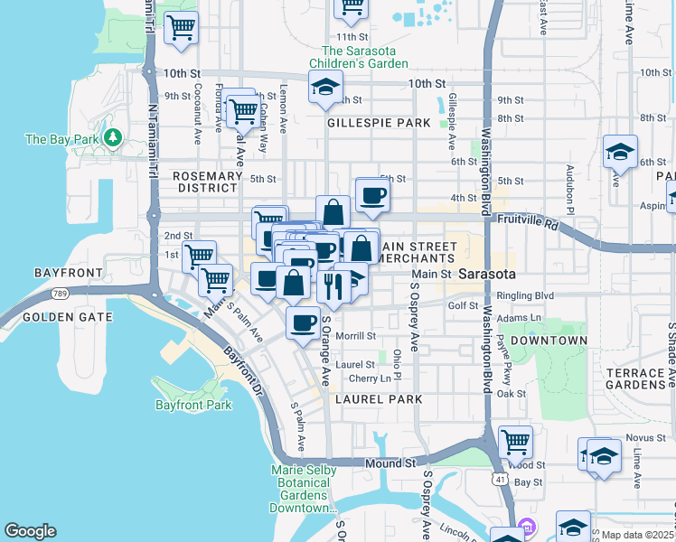 map of restaurants, bars, coffee shops, grocery stores, and more near 1638 Main Street in Sarasota