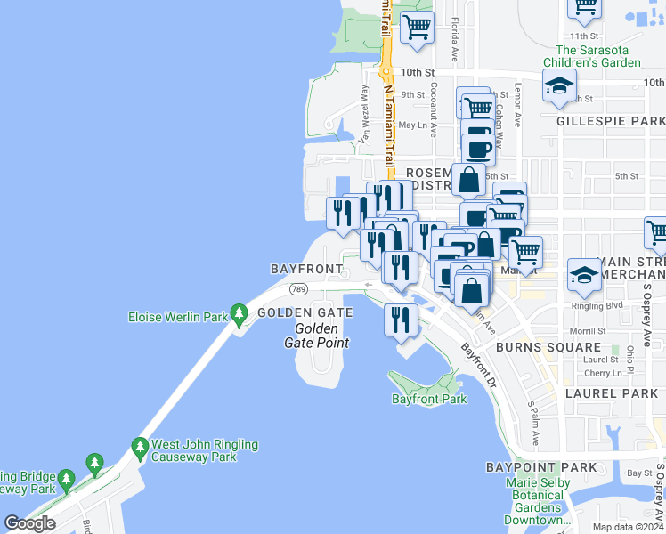 map of restaurants, bars, coffee shops, grocery stores, and more near 1111 Ritz Carlton Drive in Sarasota