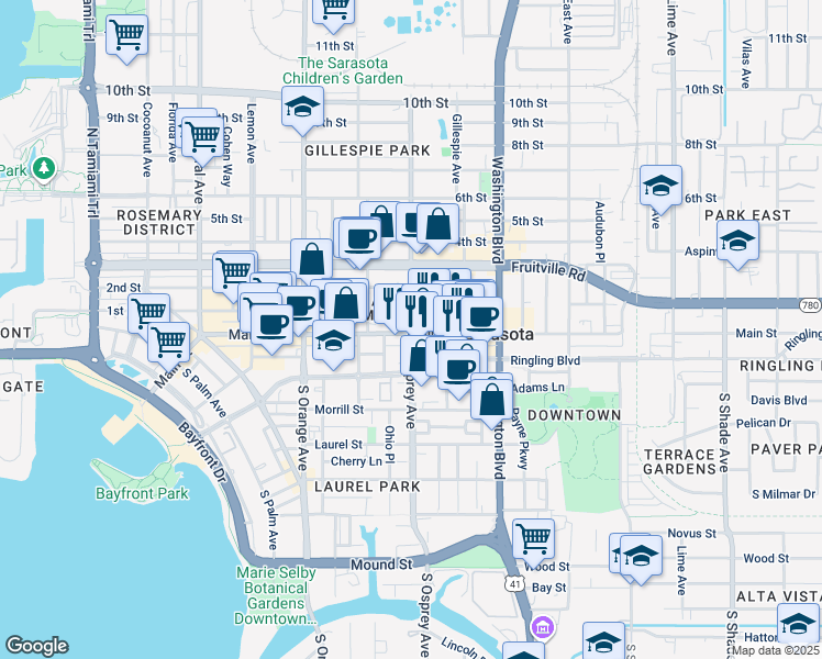 map of restaurants, bars, coffee shops, grocery stores, and more near 21 North Osprey Avenue in Sarasota