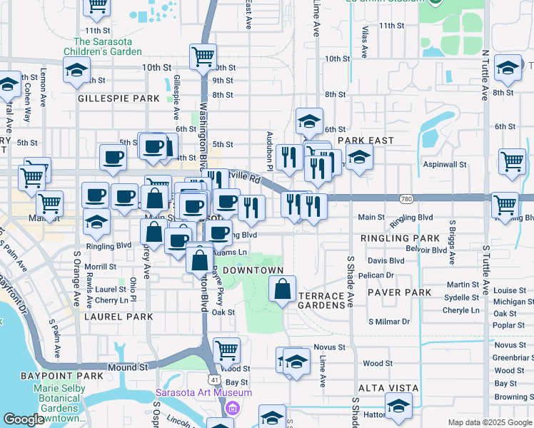 map of restaurants, bars, coffee shops, grocery stores, and more near in Sarasota