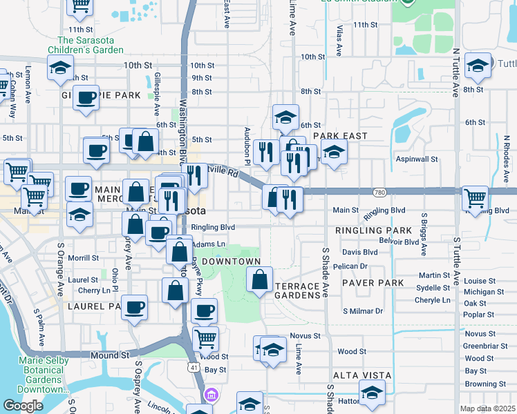 map of restaurants, bars, coffee shops, grocery stores, and more near in Sarasota