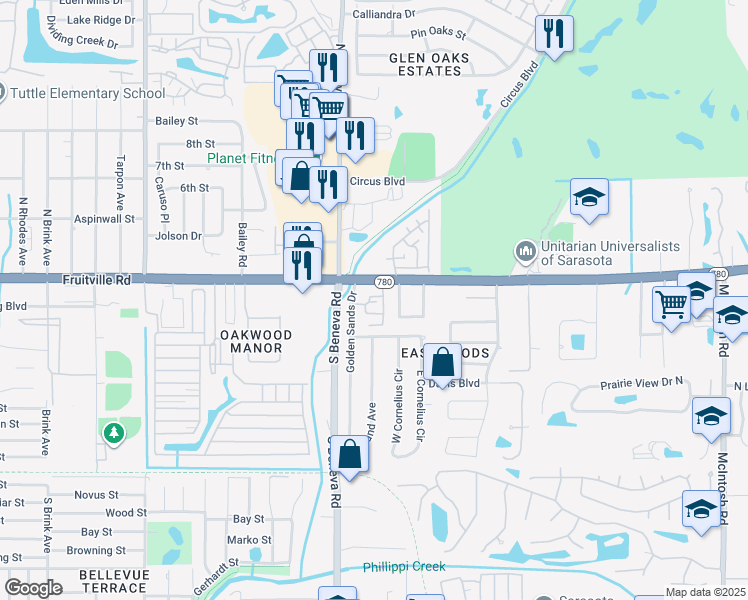 map of restaurants, bars, coffee shops, grocery stores, and more near 80 Maggie Lane in Sarasota