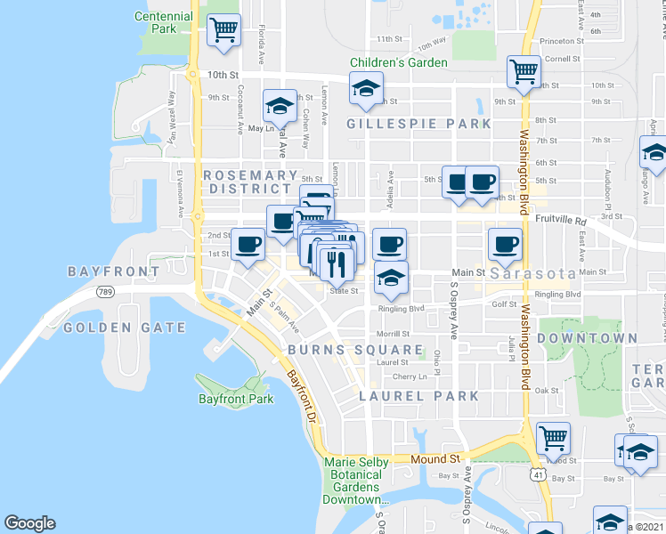 map of restaurants, bars, coffee shops, grocery stores, and more near 35 South Lemon Avenue in Sarasota