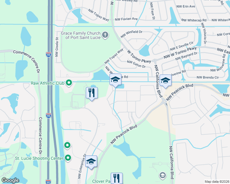 map of restaurants, bars, coffee shops, grocery stores, and more near 405 Northwest Chipshot Lane in Port St. Lucie