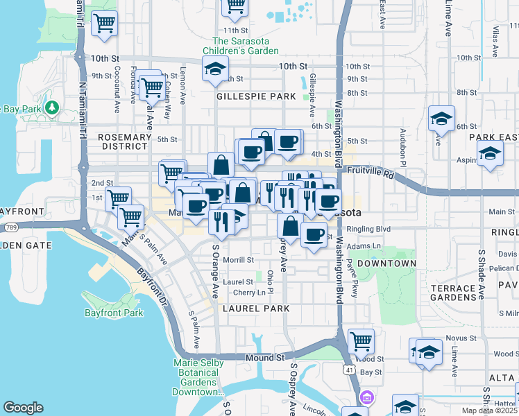 map of restaurants, bars, coffee shops, grocery stores, and more near 1718 Main Street in Sarasota