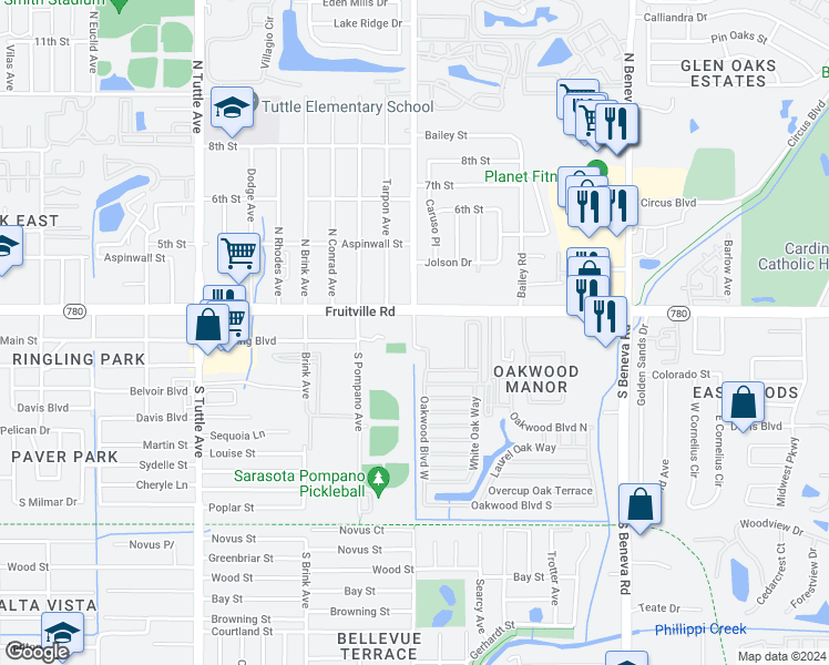 map of restaurants, bars, coffee shops, grocery stores, and more near 18 North Lockwood Ridge Road in Sarasota