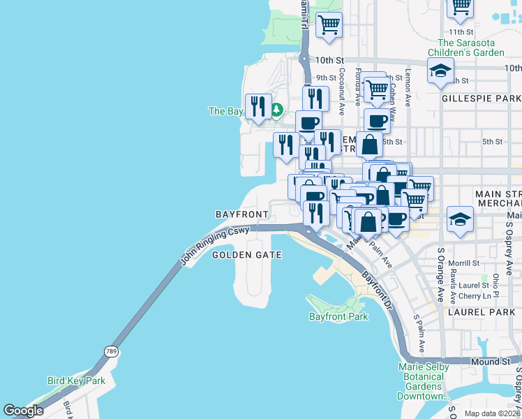 map of restaurants, bars, coffee shops, grocery stores, and more near 1111 Ritz Carlton Drive in Sarasota