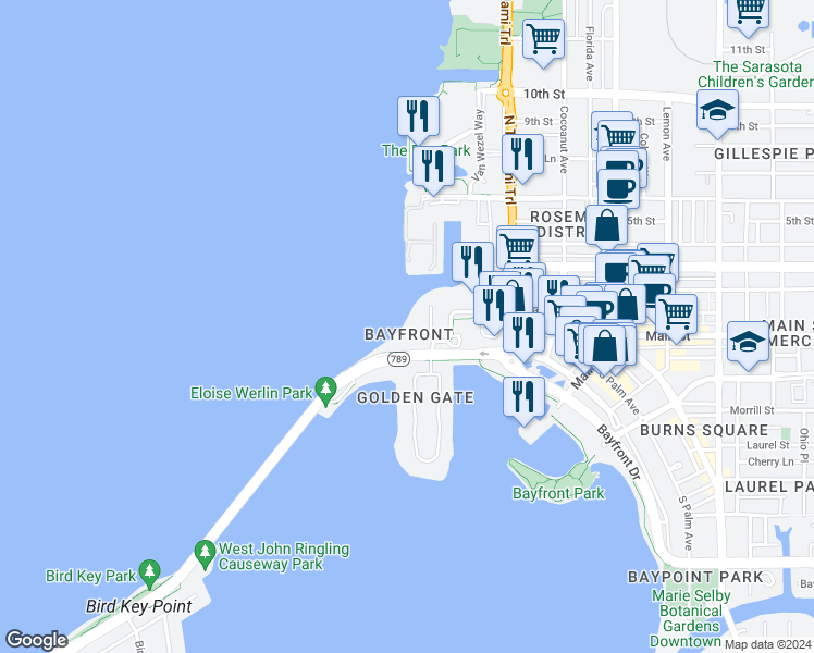 map of restaurants, bars, coffee shops, grocery stores, and more near 37 Sunset Drive in Sarasota