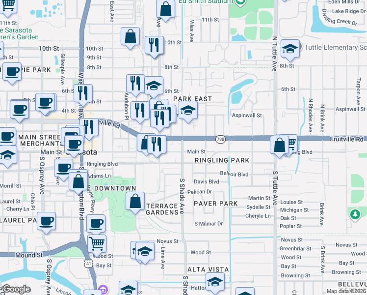 map of restaurants, bars, coffee shops, grocery stores, and more near 2376 Fruitville Road in Sarasota