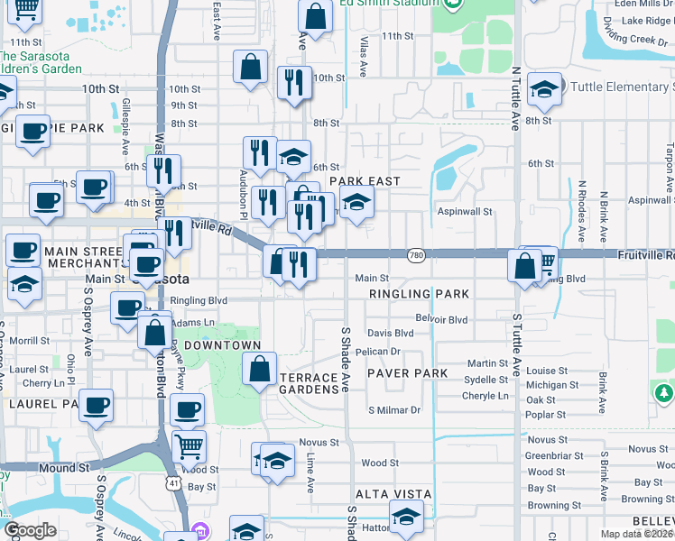 map of restaurants, bars, coffee shops, grocery stores, and more near 2376 Fruitville Road in Sarasota