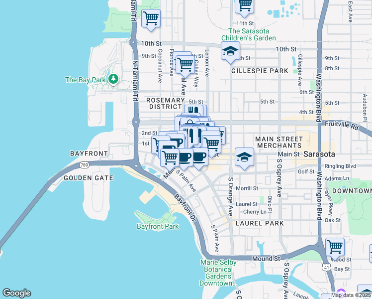 map of restaurants, bars, coffee shops, grocery stores, and more near 1417 1st Street in Sarasota