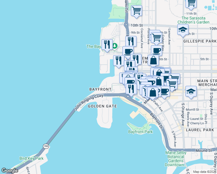 map of restaurants, bars, coffee shops, grocery stores, and more near 1111 Ritz Carlton Drive in Sarasota