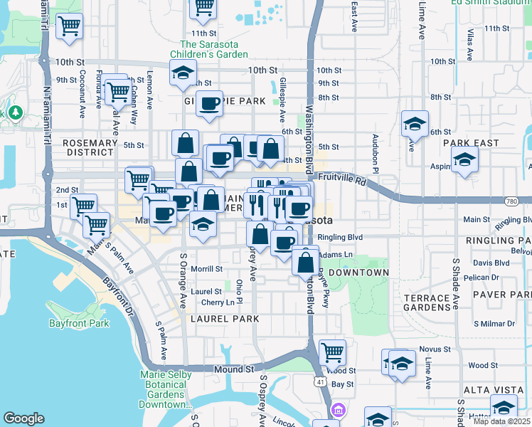 map of restaurants, bars, coffee shops, grocery stores, and more near 1800 2nd Street in Sarasota