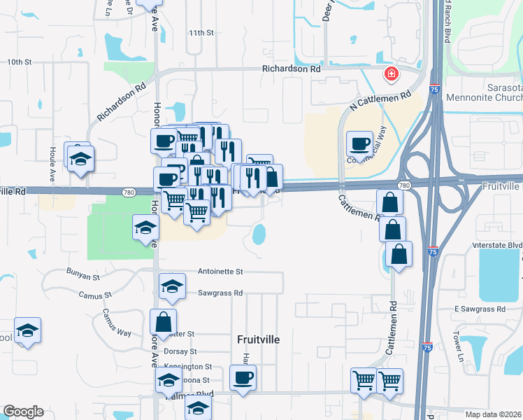 map of restaurants, bars, coffee shops, grocery stores, and more near 5550 Fruitville Road in Sarasota