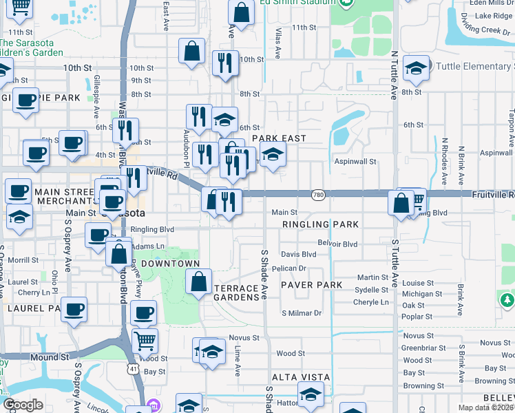 map of restaurants, bars, coffee shops, grocery stores, and more near 2376 Fruitville Road in Sarasota