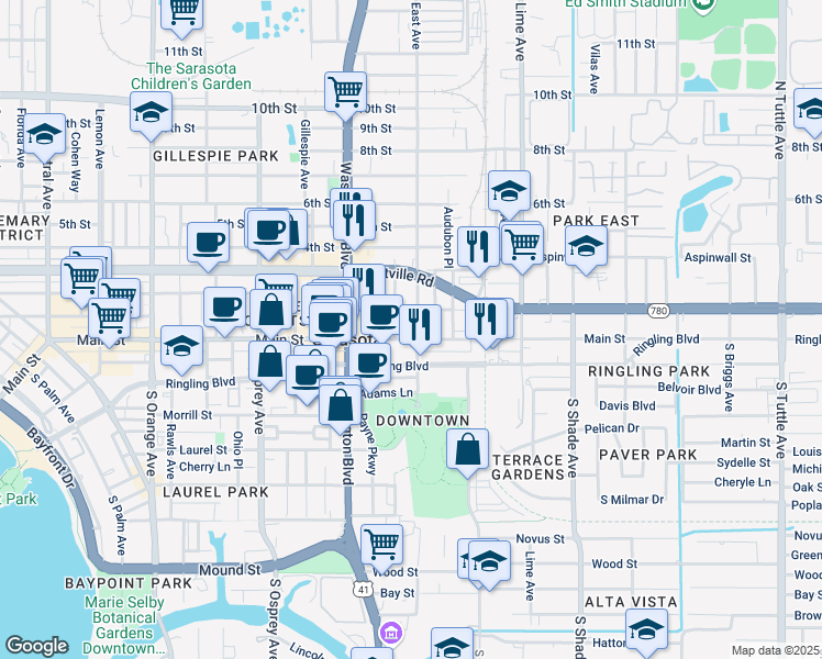 map of restaurants, bars, coffee shops, grocery stores, and more near 49 North East Avenue in Sarasota