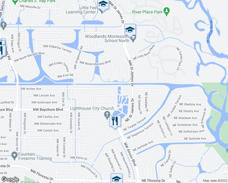 map of restaurants, bars, coffee shops, grocery stores, and more near 773 Northwest Sable Street in Port St. Lucie