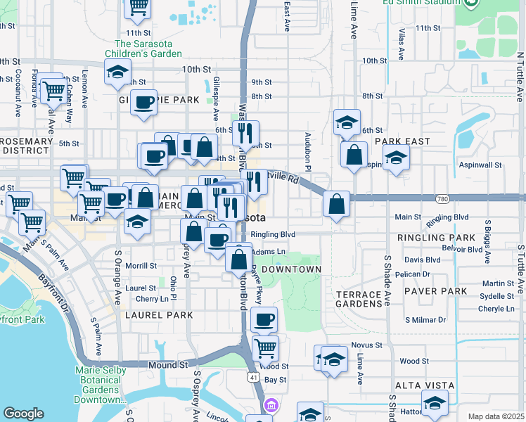 map of restaurants, bars, coffee shops, grocery stores, and more near 100 Fletcher Avenue in Sarasota