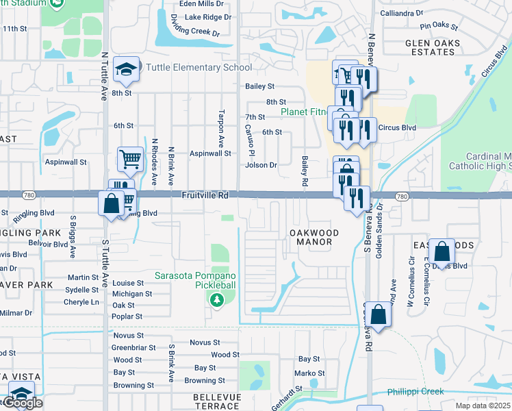 map of restaurants, bars, coffee shops, grocery stores, and more near 3232 Fruitville Road in Sarasota