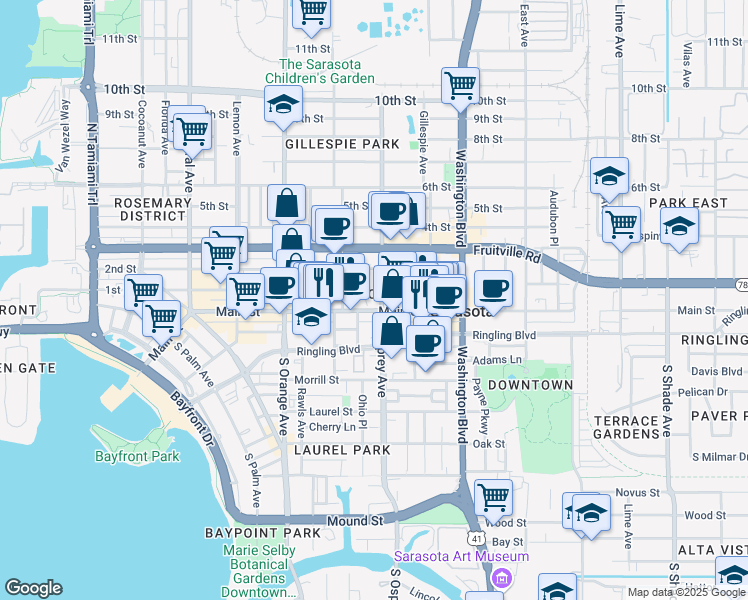 map of restaurants, bars, coffee shops, grocery stores, and more near 99 North Osprey Avenue in Sarasota