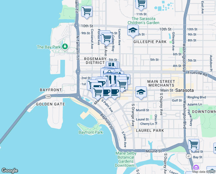 map of restaurants, bars, coffee shops, grocery stores, and more near 50 Central Avenue in Sarasota