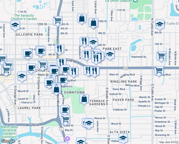 map of restaurants, bars, coffee shops, grocery stores, and more near 2237 Fruitville Road in Sarasota