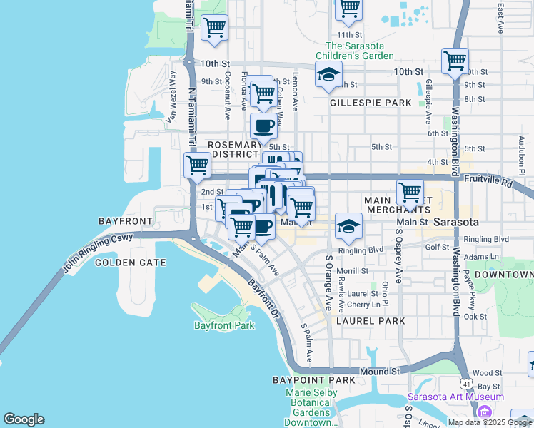 map of restaurants, bars, coffee shops, grocery stores, and more near 1417 1st Street in Sarasota