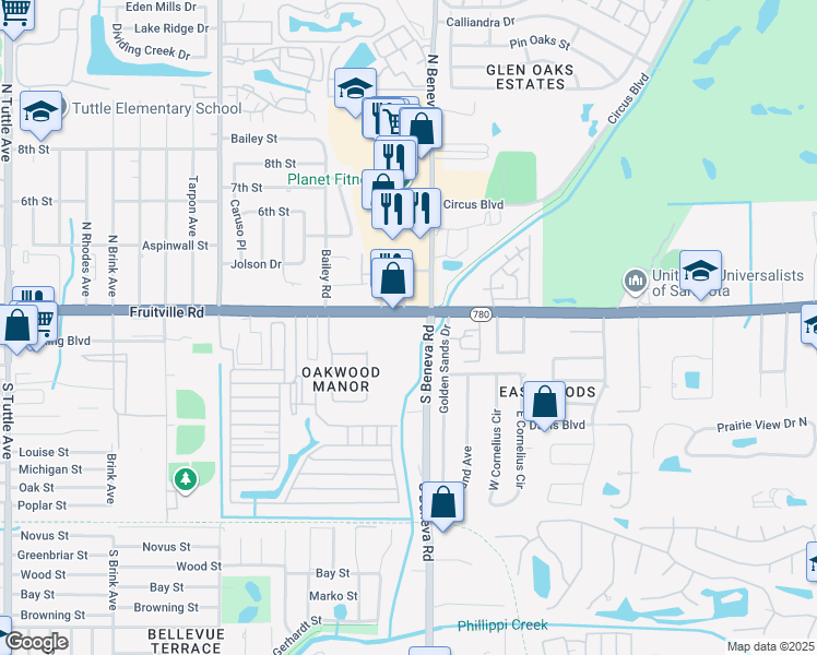 map of restaurants, bars, coffee shops, grocery stores, and more near 3530 Fruitville Road in Sarasota