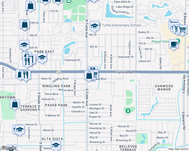 map of restaurants, bars, coffee shops, grocery stores, and more near in Sarasota